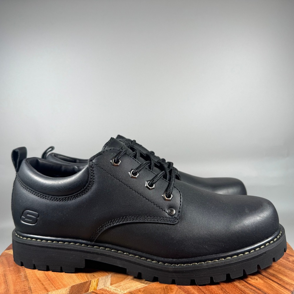 Skechers 6618 Mens Black Leather Lug Sole Lace Up Oxford Shoes Size 10.5